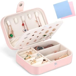 Josnown Jewellery Box Organiser - Small Travel Size, Soft Velvet Lining, Multi-compartment Jewelry Storage Case for Rings Earrings Necklace Bracelets, Jewelry Gift Box Girls Women, Pink