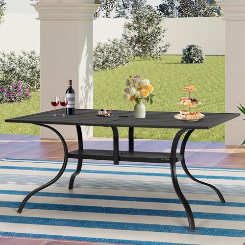 Image of Patio Dining Table, 60 inch x 37 inchOutdoor Rectangular Metal Table,1.57 inch Umbrella Hole, for Backyards, Porches, Gardens or Poolside, Black
