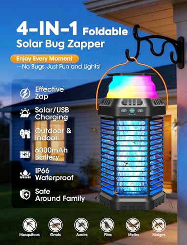 Image of Foldable Solar Bug Zapper, High-Efficiency Mosquito & Fly Zapper, 6000mAh Rechargeable Battery, Solar & USB Charging, 2-in-1 Camping Light for Indoor & Outdoor Use