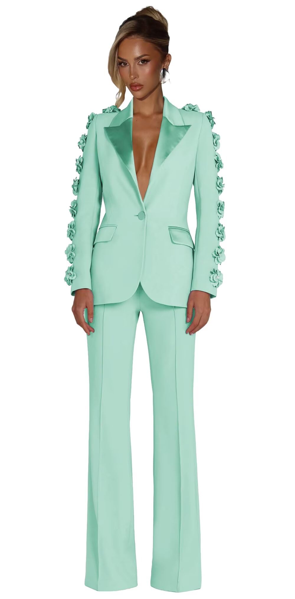 Business Suits for Women Dressy Elegant One Button Blazer Jacket with 3D Flower Peak Lapel Womens Tuxedo for