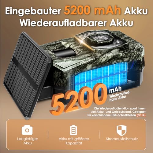 Wildkamera WLAN mit Handyübertragung App, 4K 64MPWildkamera Solar mit Akku 5200mAh Wildtierkamera mit Bewegungsmelder Nachtsicht 0,1s Auslösezeit Wildtierkamera Bluetooth Nachtsichtkamera, IP66