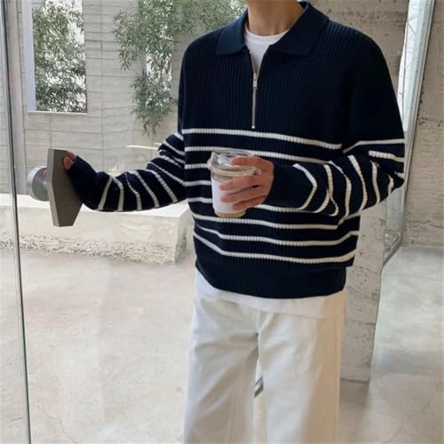 Men’S Half Zip Striped Turn-Down Collar Knitted Pullover Sweater Casual Long Sleeve Jumper Top3