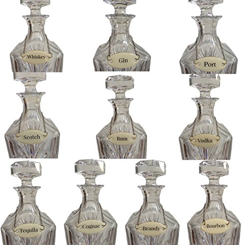 Duke Baron Ultimate Vintage Decanter Set Of 10 Liquor Tags Bourbon, Brandy, Cognac, Gin, Port, Rum, Scotch, Tequila, Vodka And Whiskey In Wood Gift Box, Antique White/Brass #TOP3