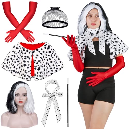 Kitimi Cruella Costume, Déguisement Cruella, Châle Costume Set avec Perruque à Raie Centrale, Filet à Cheveux, Foulard en Soie à Pois Blancs, Gants Rouges...