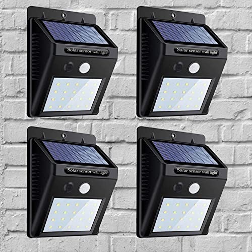 Ovker Luz Solar Exterior, 20 LED Luces Solares Exterior LED con Sensor de Movimiento, 3 Modos Focos Solares Exterior, 120º lluminación IP65 Impermeable Aplique Lámpara para Jardín Camino(4 pack)