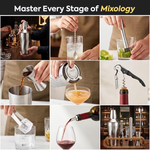 Image of O' Holic by Perch Cocktail Shaker Gift Set|10-Piece Stainless Steel Bartender Kit with Mango Wooden Stand|Accessories for Home Bar|Gift Box for Winters, Birthday, Wedding,Anniversary,Christmas |Silver