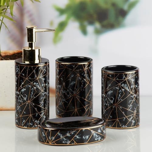 Image of SaSaSa Ceramic Bathroom Accessories Set of 4 Modern Bath Set with Soap Dispenser & Toothbrush Holder, Luxury Home & Gift Idea, Black /Gold (10199)