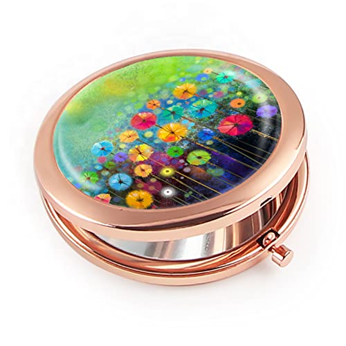 Iampanda Compact Rose Gold Mirror For Women,Round Mini Pocket Makeup Mirror For Purse,Cute Portable Folding Travel Mirror With 2X Magnifying (Watercolor Nature Landscape Floral) #TOP1