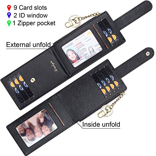 Image of Badiya Slim Women Wallet RFID Blocking Bifold Compact 9 Card Slots Holder Wallets Soft Leather with Zipper Coin Pocket 2 ID Window