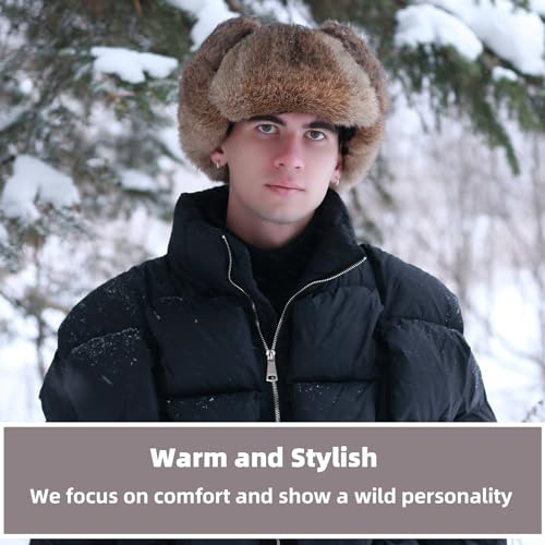 Image of Winter Trapper Hat for Men Women Warm Soft Russian Ushanka Hat Real Rabbit Fur Aviator Bomber Hats Winter Hats with Ear Flaps