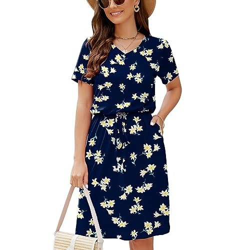 HUSKARY Women Summer Casual Midi Dresses Short Sleeve V Neck Drawstring Knee Length T Shirt Dress with Split and Pocket Flower03 XX-Large