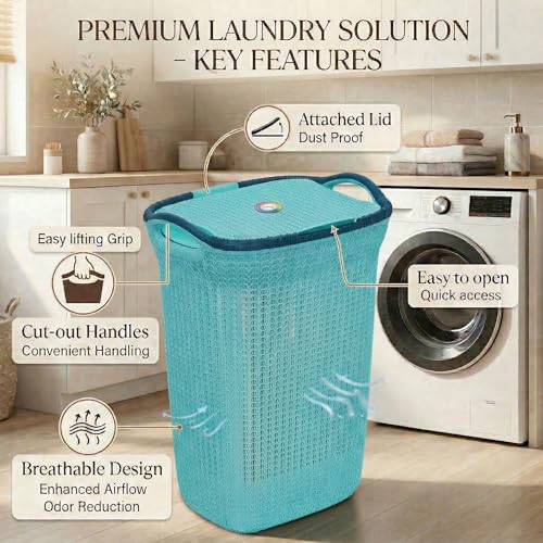 Image of Plastic Laundry Basket with Lid | 60L Extra Large Knit Hamper | Strong & Durable | Ideal for Bathroom, Bedroom & Kids Room | Multipurpose Cloth Storage Organiser | 36 x 46 x 61 cm | Marina Blue