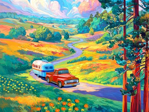 Rompecabezas Springbok Road Trip de 500 piezas para adultos y familia - Póster incluido - Escena de viaje vintage con coche clásico - Piezas de corte único - Fabricado en USA