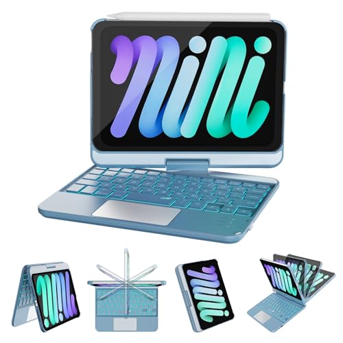Image of RAYMCRAFT Keyboard Case for iPad mini 7 (A17 Pro, 2024) & Mini 6 (2021) 8.3-inch, 360 Rotatable, 7 Color Backlit, Multi-Touch Trackpad, Wireless Keyboard for iPad mini 7th /6th Generation, Light Blue