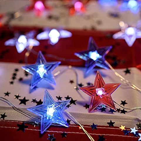 American 4th of July Independence Day Decorative Lights Red White Blue 30 Stars 10ft USB Operated with Remote for Labor Veterans Day Patriotic Christmas Tree Cover
