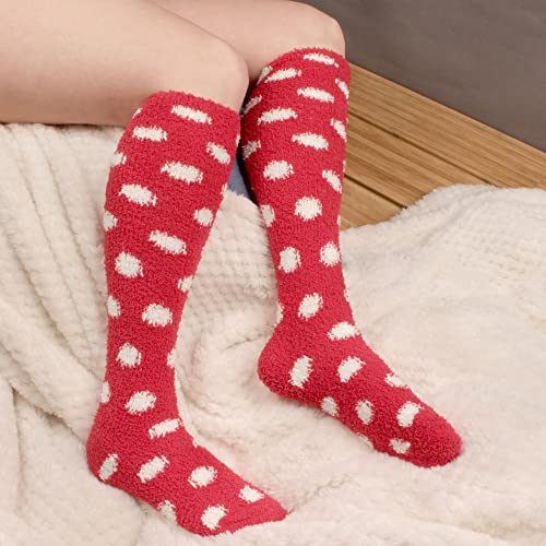 Image of BambooMN Women's Fuzzy Knee High Socks - Polka Dots and Solid Colors - 2 Sizes - 1 Pair Pack