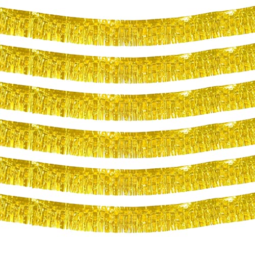 Image of 6 Pack 10 Feet Foil Fringe Garland Metallic Tinsel Streamers Banner Wall Hanging Curtain Backdrop Banner for Parade Floats, Thanksgiving, Christmas, Birthday, Halloween Party Decorations(Gold)
