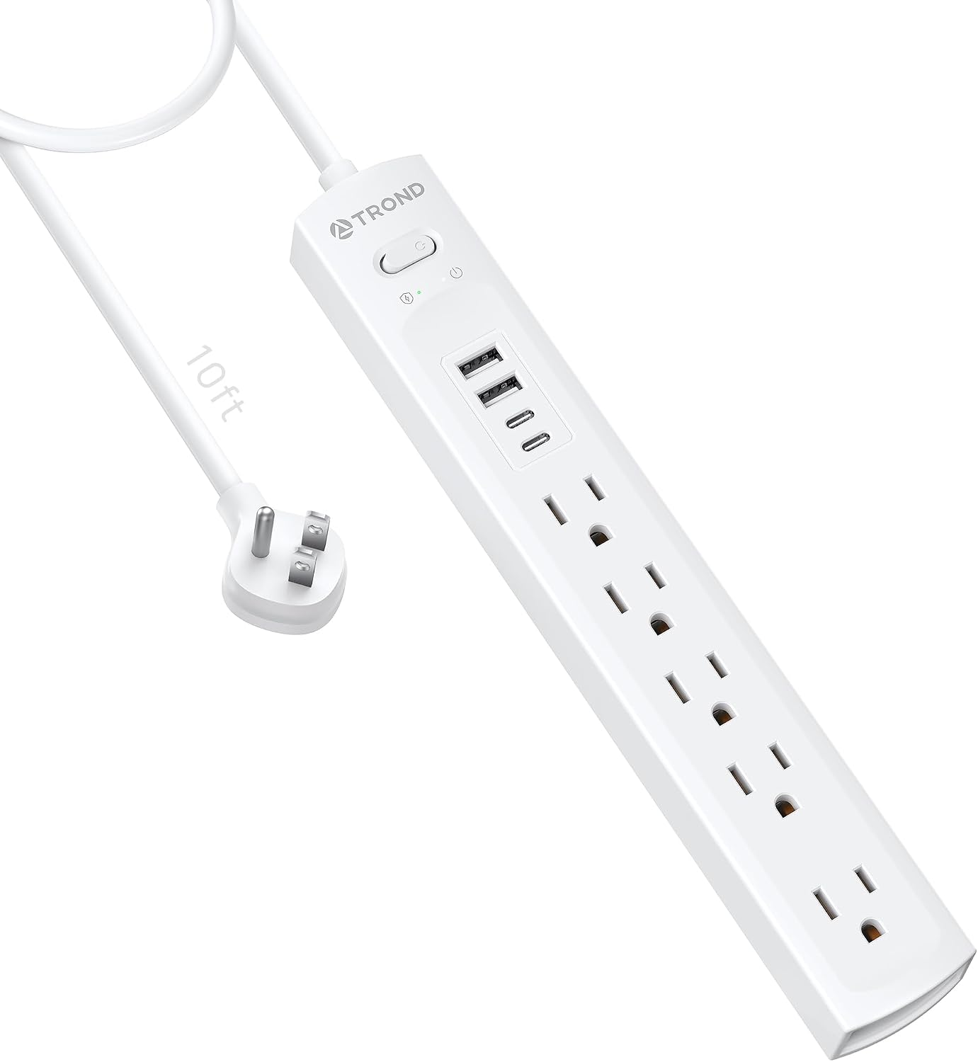 TROND Surge Protector Power Bar, 5 AC & 4 USB, 10FT Extension Cord, White | Thin Flat Plug Wall-Mounted Power Strip, 1440J Desktop Expander, Slim Outlet Extender for Office Home Dorm Travel Essentials