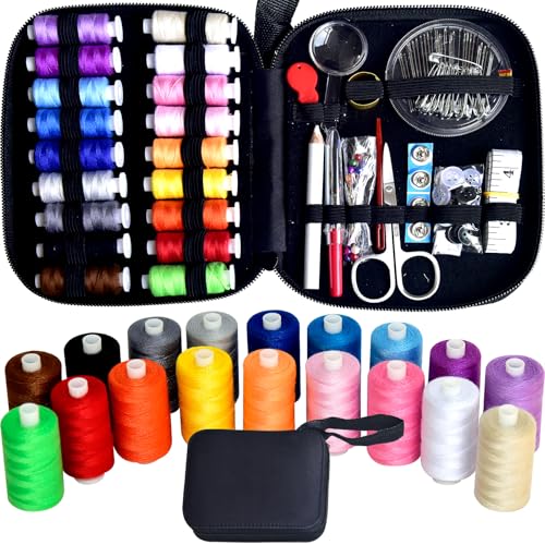 Sewing Kit with Case Portable Sewing Supplies for Home Traveler, Adults, Beginner, Emergency, Contains 18 Sewing Thread, Scissors, Needles, Measure etc