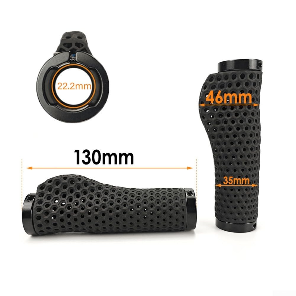 Yhenlovtt Manopole ergonomiche per bici stampate in 3D, ventilate antiscivolo, chiusura a doppio lato per mountain bike, assorbimento degli urti, nero, lunghezza 130 mm, diametro interno 22,2 mm