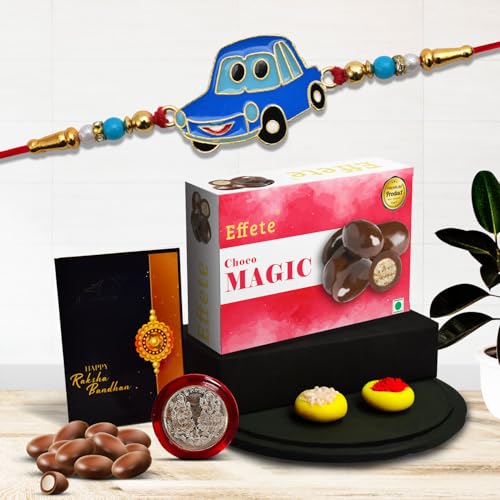 Image of Oblivion Rakhi With Effete Choco Magic 32gm With Pooja Coin & Greeting Card, Rakhi Gift Set For Younger Brother, Rakhis Hamper For Brother, Rakhadi With Chocolate (K1 109 CM32)