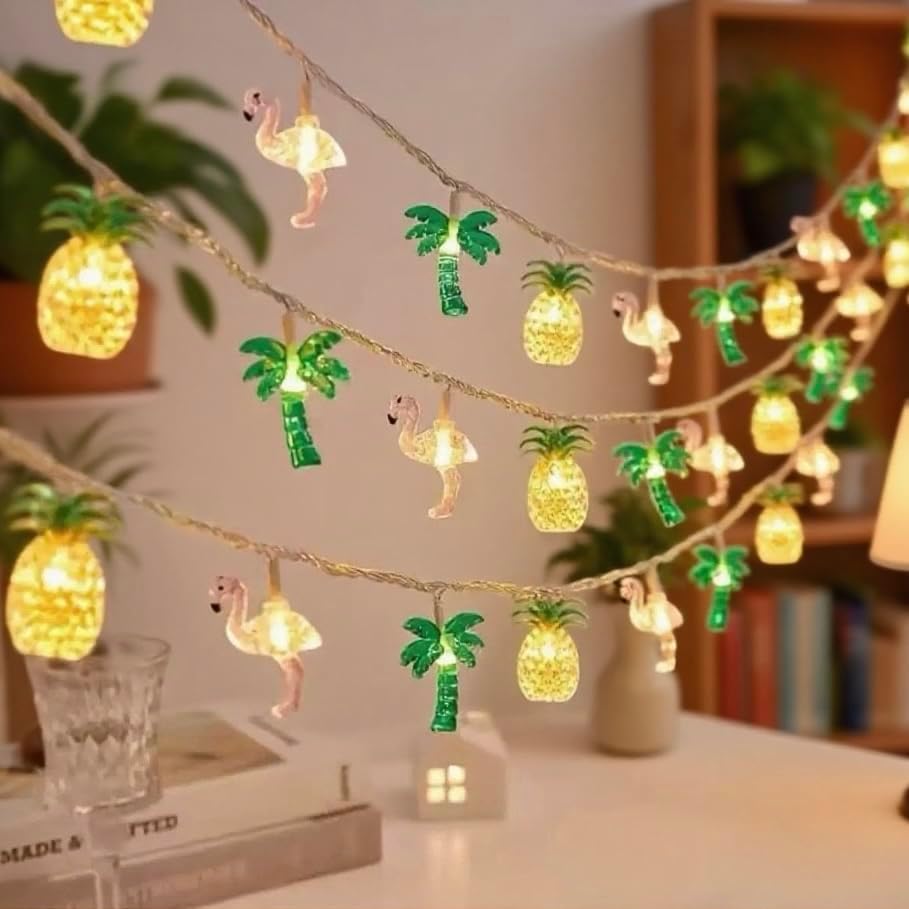 20 LED Tropical Summer Hawaiian Flamingo Pineapple Palm Tree String Fairy Lights 10ft Waterproof 8 Modes Battery Operated for Luau Pool Beach Party Decor Green image 5