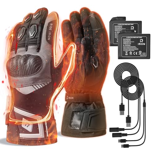 RIDEIRON Heated Motorcycle Gloves Winter Men Women - Fingertip Heating 3 Heat Settings + Intelligent Mode Waterproof & Touchscreen (M-XXL) (Black XL)