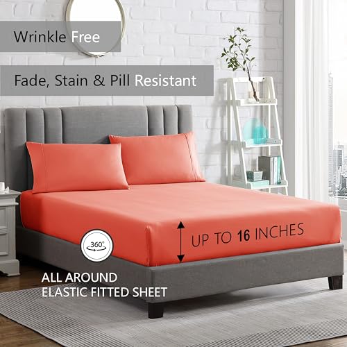 American Home Collection Queen Size Sheet Set - 16-Inch Deep Pocket - Ultra Soft Microfiber Bed Sheets - Breathable, Wrinkle and Fade Resistant, Easy Care - 4 Piece Set (Queen, Peach)