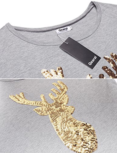 Qearal Women's Ugly Reindeer Print T Shirt Long Sleeve Christmas Blouse Tunic Top Grey