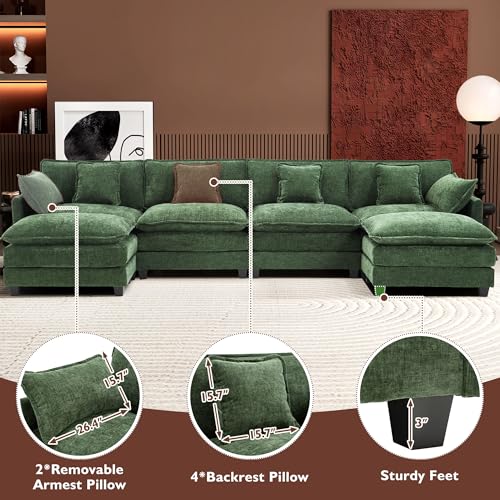 Image of Ihanherry 146 inch U-Shaped Modern Sofa Modular Sectional Cloud Couch with 2 Ottoman, 6-Seat Chenille Deep Seat Sofa with 6 Pillows for Living Room, Bedroom and Apartment, Green
