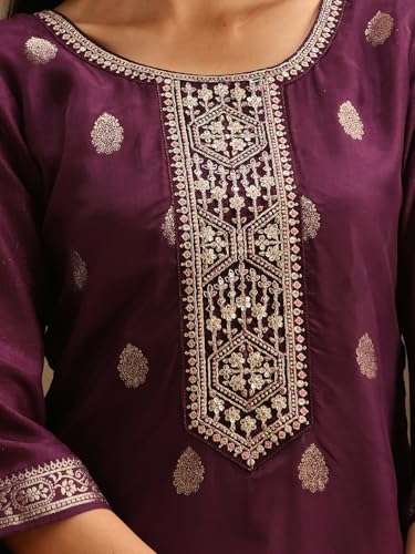Image of Libas Womens Self Design Silk Straight Kurta With Trousers and Dupatta | daily wear suit