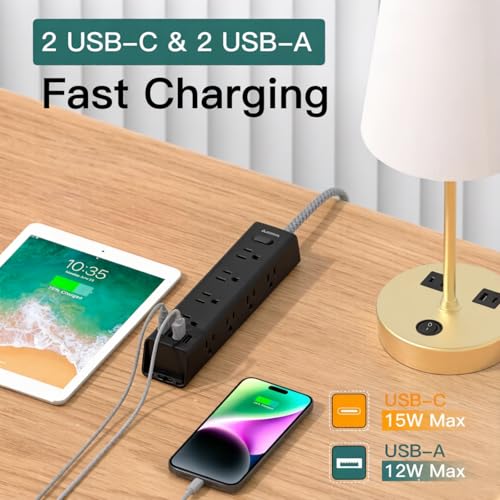Image of 25FT Extra Long Extension Cord, Power Strip with 12 AC Outlet & 4 USB Ports | Flat Plug, 1050J Surge Protector, Wall Outlet Extender for Home Office Garage Workshop Gaming Desk Setup, ETL Listed