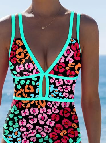 Image of popvil Women One Piece Swimsuit 2026 Tummy Control Sexy Cutout Neon Color Block Bathing Suit Slimming Adjustable Swimwear