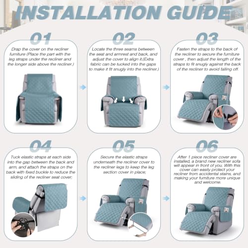 Image of TAOCOCO 100% Waterproof Recliner Chair Covers Reversible 22 inch, Sky Blue | Recliner Protector with Leg Straps, Washable 1 Seat Reclining Chair Slipcover with Storage Pocket for Pets & Kids