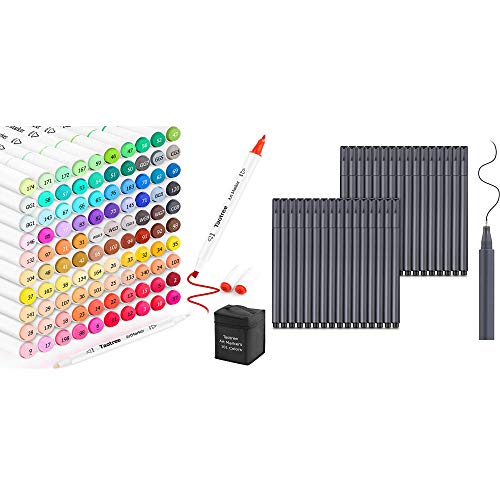 Journal Planner Pens, Taotree 24 Black Pens Fine Point Black Markers Fine Tip Drawing Pens Porous Fineliner Pen & 101 Colors Dual Tips Alcohol Based Markers for Bullet Journaling Writing School Office