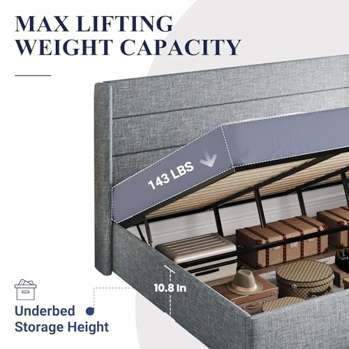 Allewie King Size Lift Up Storage Bed, Modern Wingback Headboard, Hydraulic Support, No Box Spring Needed, Grey Blue