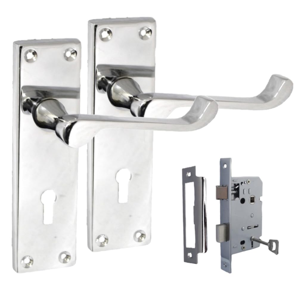 Haven Heritage Silver Victorian Scroll Lever Lock Door Handle Set – 150Mm X 42Mm Backplate, Polished Chrome – With 63Mm 3 Lever Sash Lock