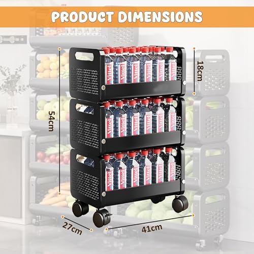 Image of JD FRESH Rolling Metal Utility Cart /Stackable Storage Baskets with Lockable Wheels /Container Basket /Heavy Durable Organizer Trolley for Kitchen /Bedroom /Office(3 Tier)