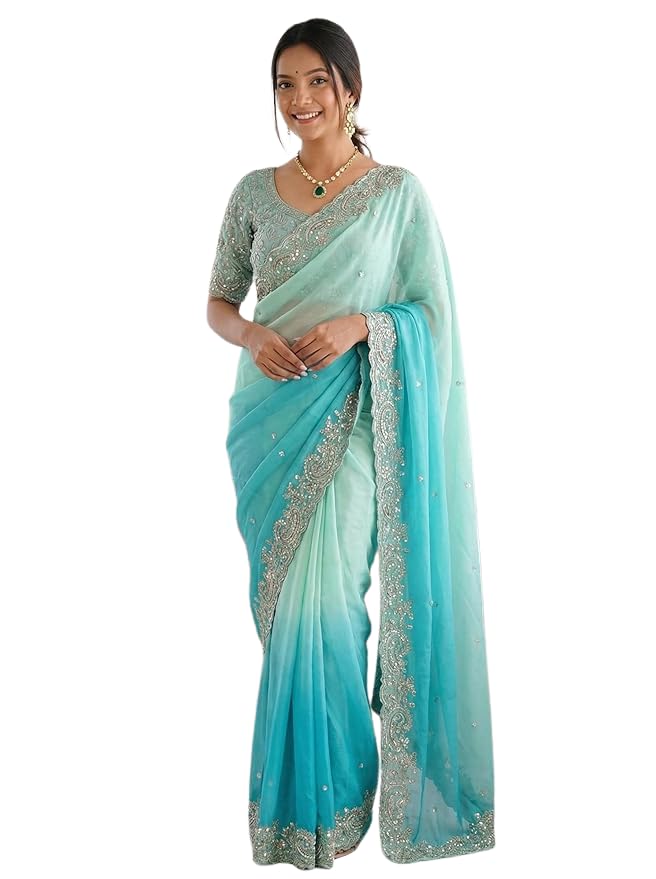 Satin Embroidered Saree for Women | Designer Ethnic Wedding Saree with Unstitched Blouse Piece | Gradient Multicolor Border Saree-picture-41