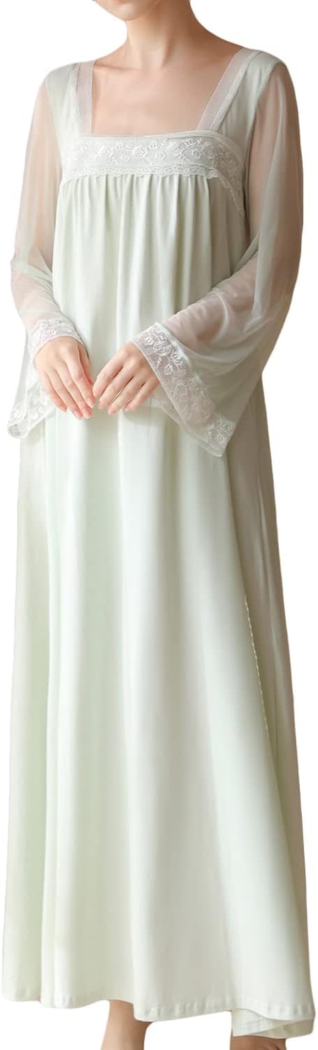 LLECDASEUI Women's Victorian Palace Long Sleeve Maxi Nightdresses Vintage Lace Embroidered Nightgown Sweet Princess Pajamas (M,Green)
