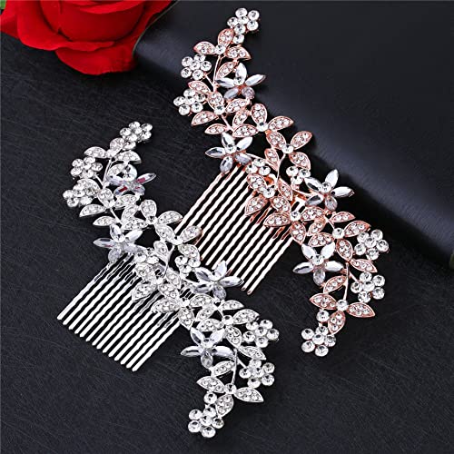 Bridal Flower Side Hair Comb,Bridal Hair Accessories Rhinestone Hair Comb Slides for Wedding Bridal Bridesmaid Woman Girl Mother Gift (Silver) - Image 3