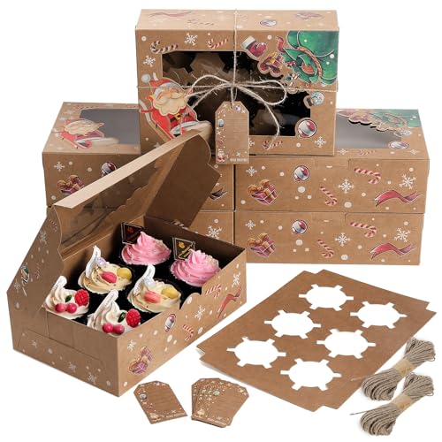 Coolty 20 cajas de cartón para magdalenas, 6 agujeros, cajas de embalaje de panadería con ventana e insertos para galletas, magdalenas, postres, pasteles (6 agujeros, color marrón, tipo Navidad)