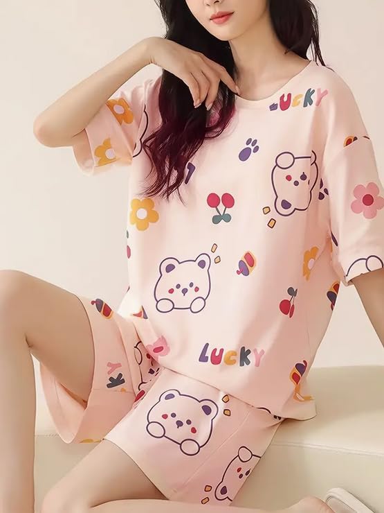 Image of Lunza Women's Cotton Blend Pajama Set, Short Sleeve T-Shirt and Shorts, Cute Bear Print Nightwear
