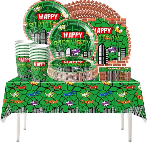 61 piezas Juego de vajilla para fiestas de cumpleaños infantiles Green Turtle, fiesta de cumpleaños para niños con temática de superhéroes y caparazones de tortuga, vasos, platos, servilletas