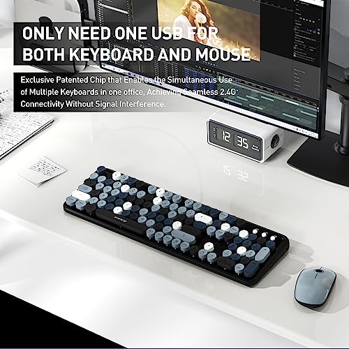 Image of jar-owl Wireless Keyboard Mouse Combo, Cute Retro Round Key, 2.4GHz Connection, Full-Size, 104 Keys, Grey Colorful, PC, Desktop, Laptop Compatible