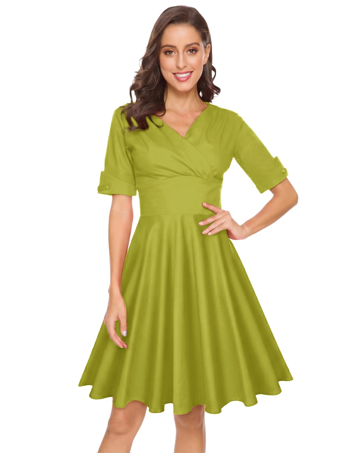 MINTLIMIT Women's 1950s Vintage Wrap V Neck Half Sleeve Retro Cocktail Swing Dress Plain A-line Dresses