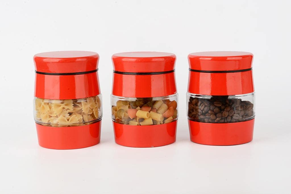 Royal Cuisine 3 Piece Airtight Tea Coffee Sugar Canisters Glass Food Storage Canisters Jars Set for Multipurpose Red