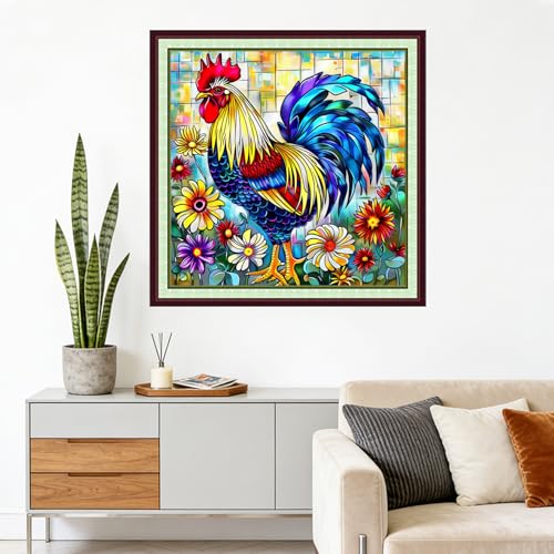 Image of Foxhool Stamped Cross Stitch Kits,11CT Printed Cross Stitch Pattern Full Embroidery Kits for Beginner Needlepoint Kits-Rooster Flower 18x18 inchs
