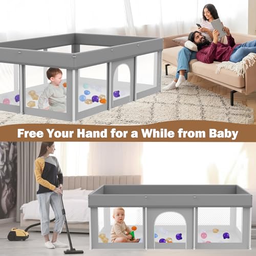 Image of Foldable Large Baby Playpen 50 inchx71 inch, Playard for Babies and Toddlers, Portable Safety Baby Fence Lightweight,No Installation, Indoor & Outdoor Play Yard with Ocean Balls*100, Grey