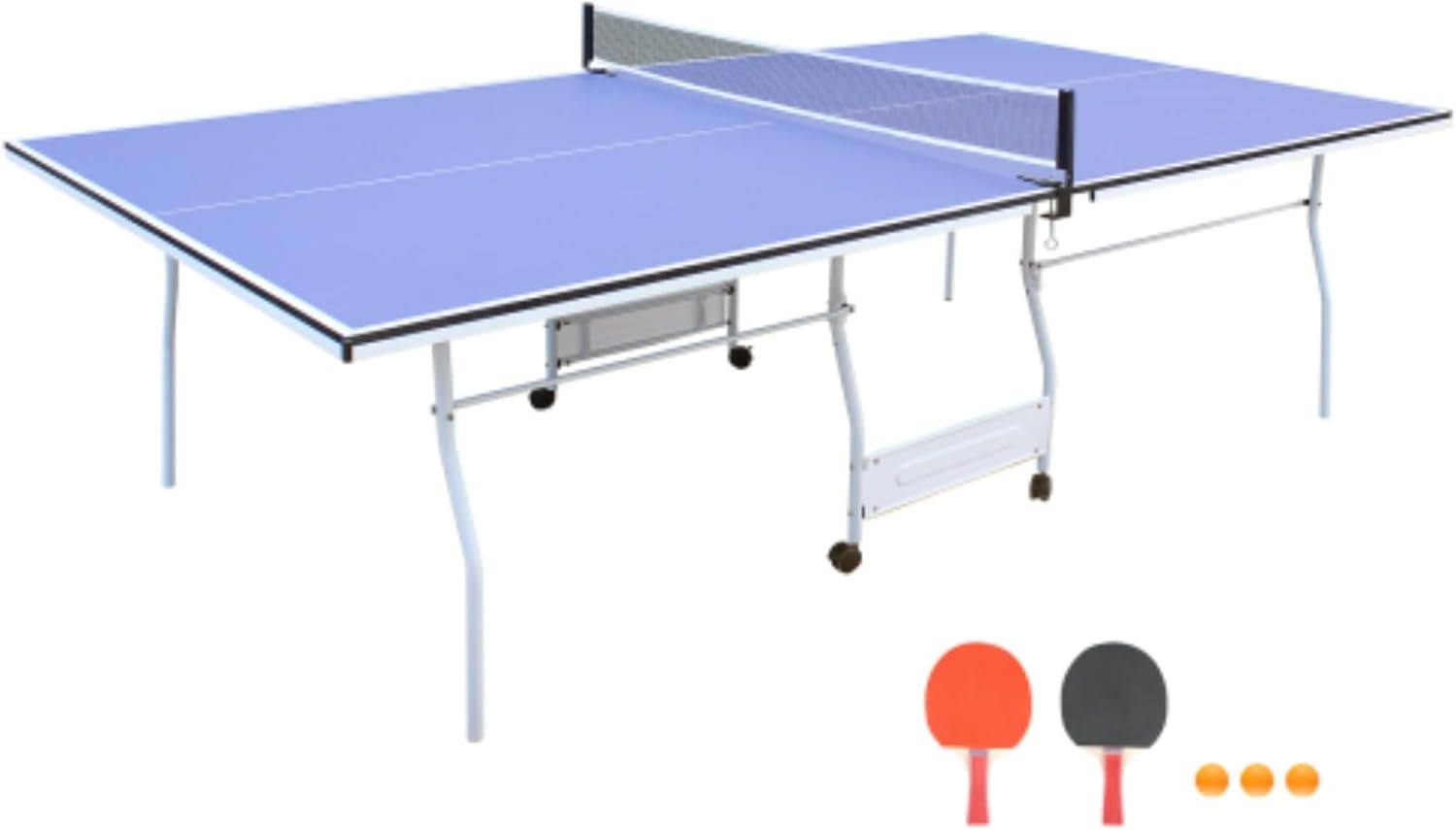 9-Foot Medium-Sized Table Tennis Table, Standard Size, with Swivel Wheels, Foldable Portable Table Tennis Table Set for Indoor Games, with Net, 2 Table Tennis Rackets and 3 Balls